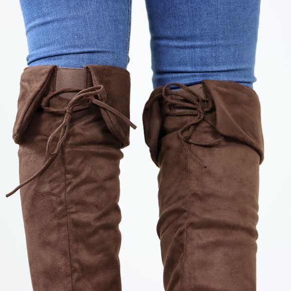 Fold Over Brown Thigh High Over The Knee Flat No Heel Boots Faux Suede Pointed - Picture 8 of 14